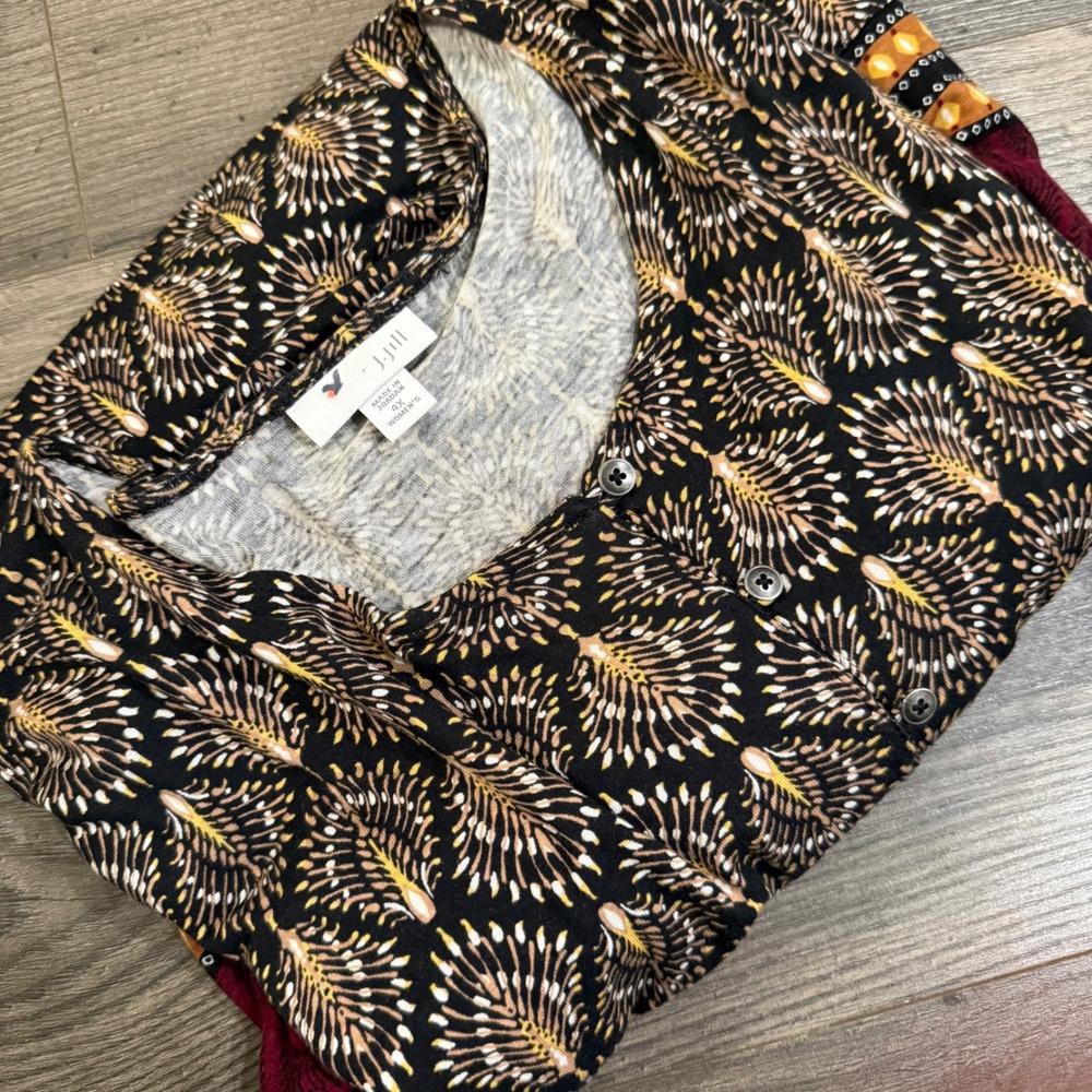 J. Jill Womens 4X Tunic Top Black Burgundy Gold Boho Print Knit‎ 3/4 Sleeve